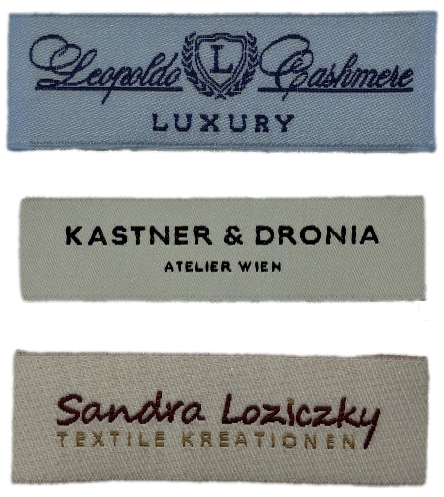 Übersicht unterschiedlicher Webetiketten aus Österreich. Overview of different woven labels from Austria.